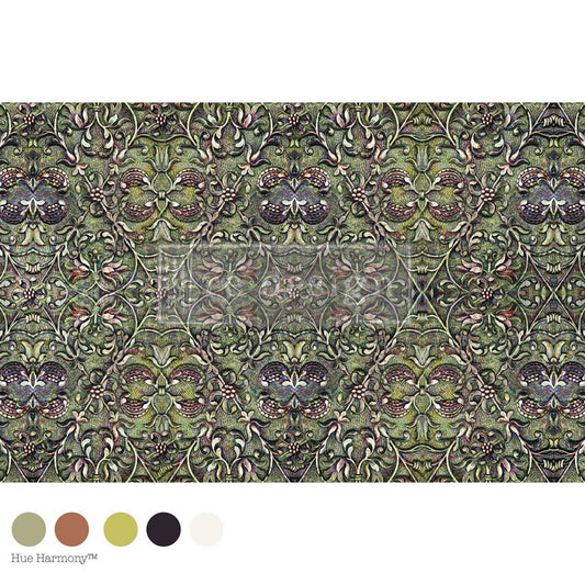 Moss-Bound Symmetry Decoupage Décor Fiber featuring an ornate repeating botanical pattern in moss green, muted gold, plum, and rust tones with a rich vintage old-world look.