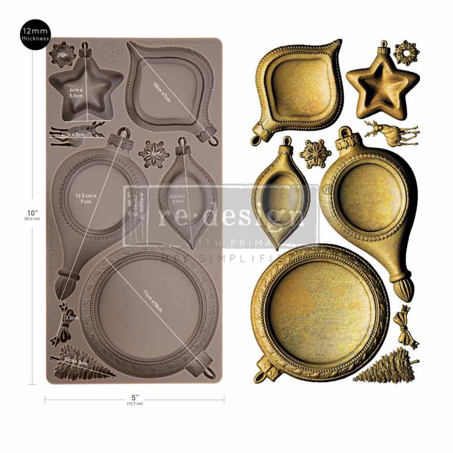 Noel Elegance Decor Mould shown with measurement details and gold sample castings on a white background.