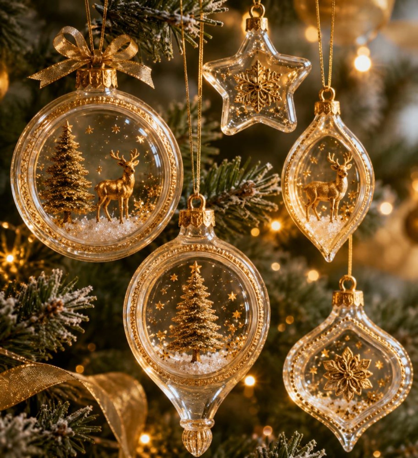 Clear ornament inspiration image
Clear Christmas ornaments with gold details, including deer, trees, and snowflake designs, hanging on a lit holiday tree.