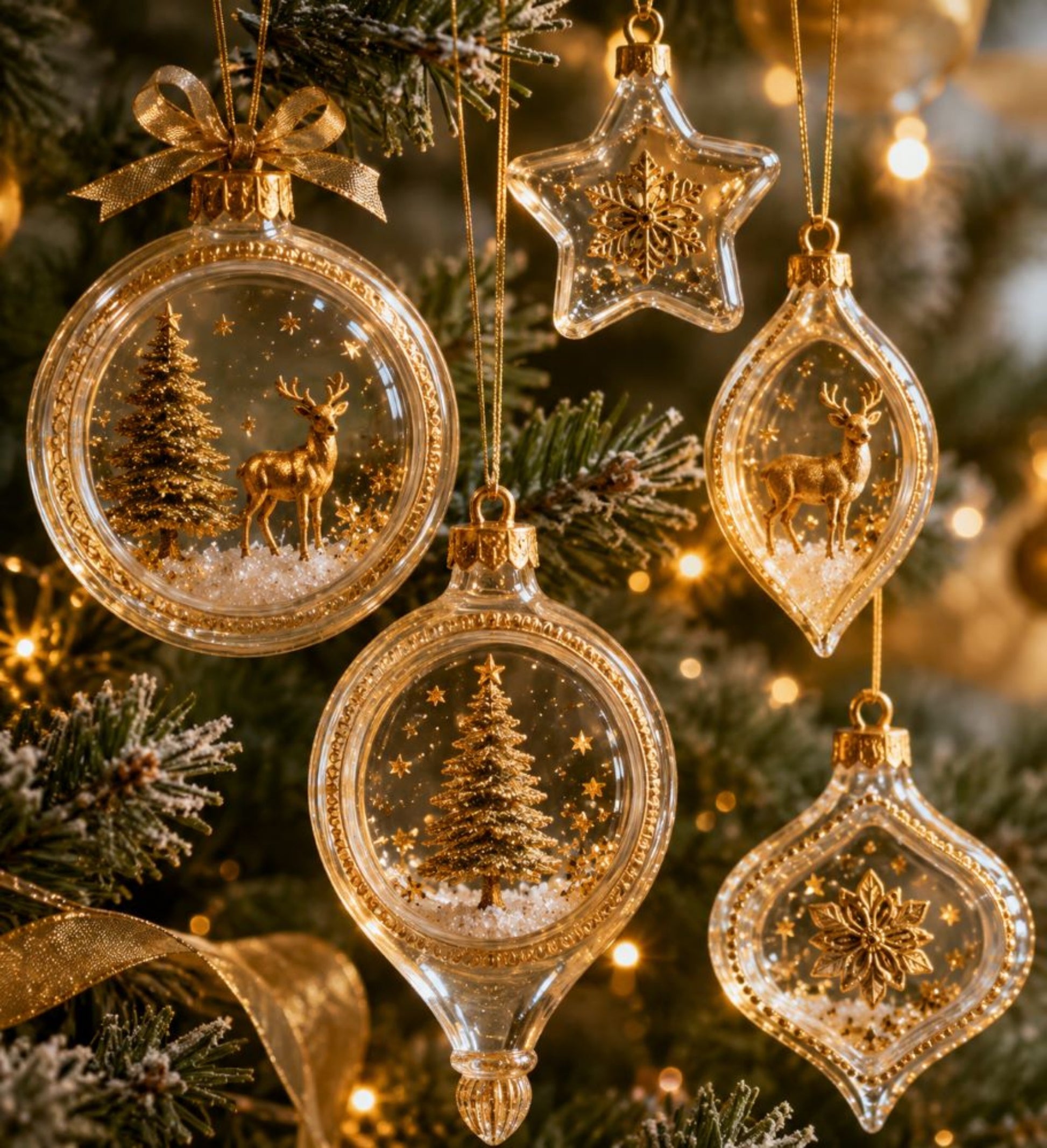 Clear ornament inspiration image
Clear Christmas ornaments with gold details, including deer, trees, and snowflake designs, hanging on a lit holiday tree.