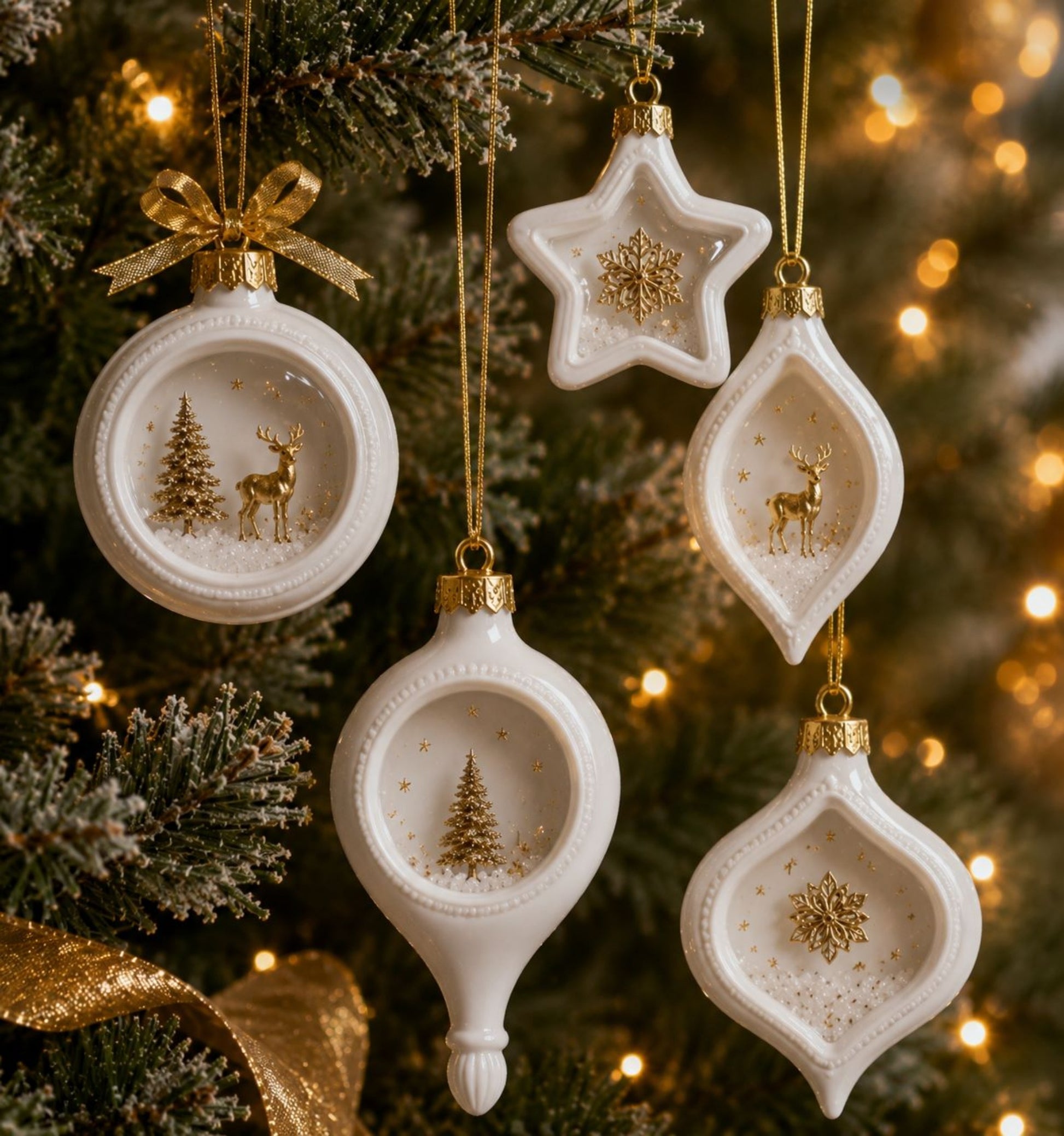 White ornament inspiration image
White Christmas ornaments with gold accents, including deer, tree, and snowflake designs, displayed on a decorated Christmas tree.