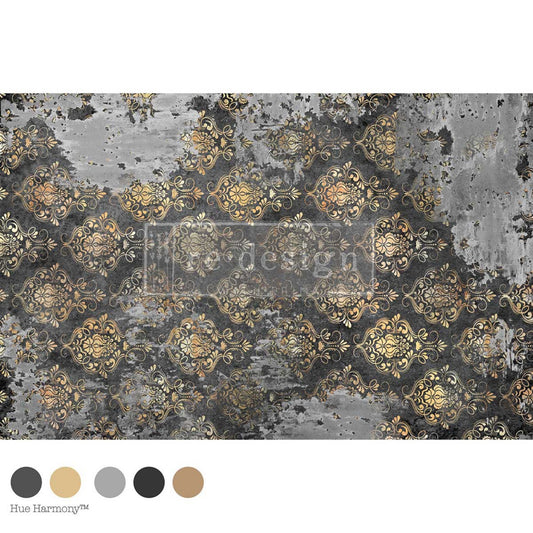 Obsidian Reliquary decoupage décor fiber sheet featuring ornate gold damask motifs over a distressed black, charcoal, and gray background.