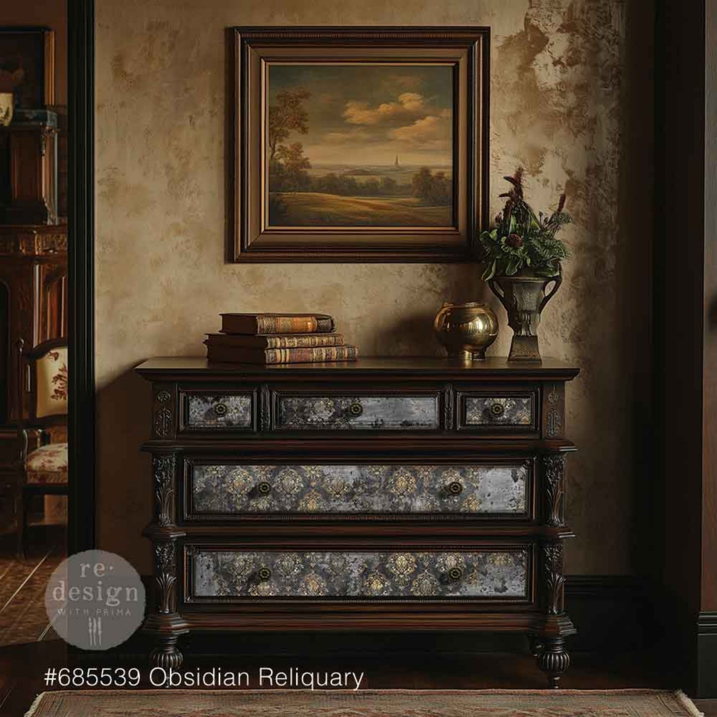 Obsidian Reliquary decoupage décor fiber applied across the drawers of an ornate dark wood dresser, featuring distressed gray textures and antique gold damask details.