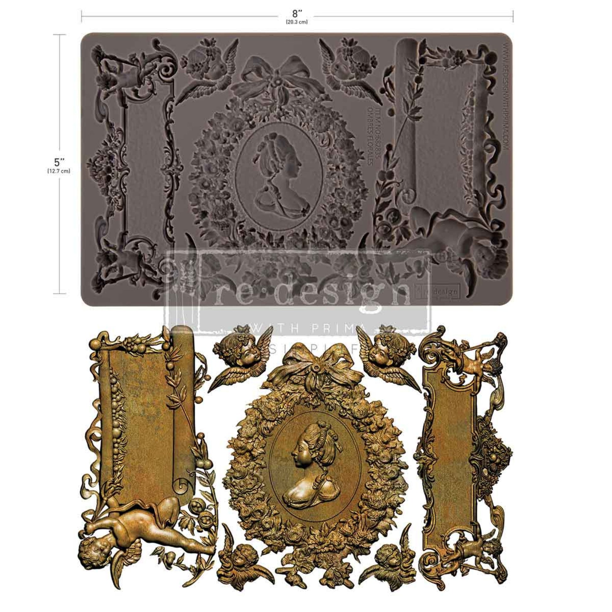 Mold castings made from the Ombres Florales mould featuring a cameo portrait, floral wreath, ornate frames, cherubs, and bows.