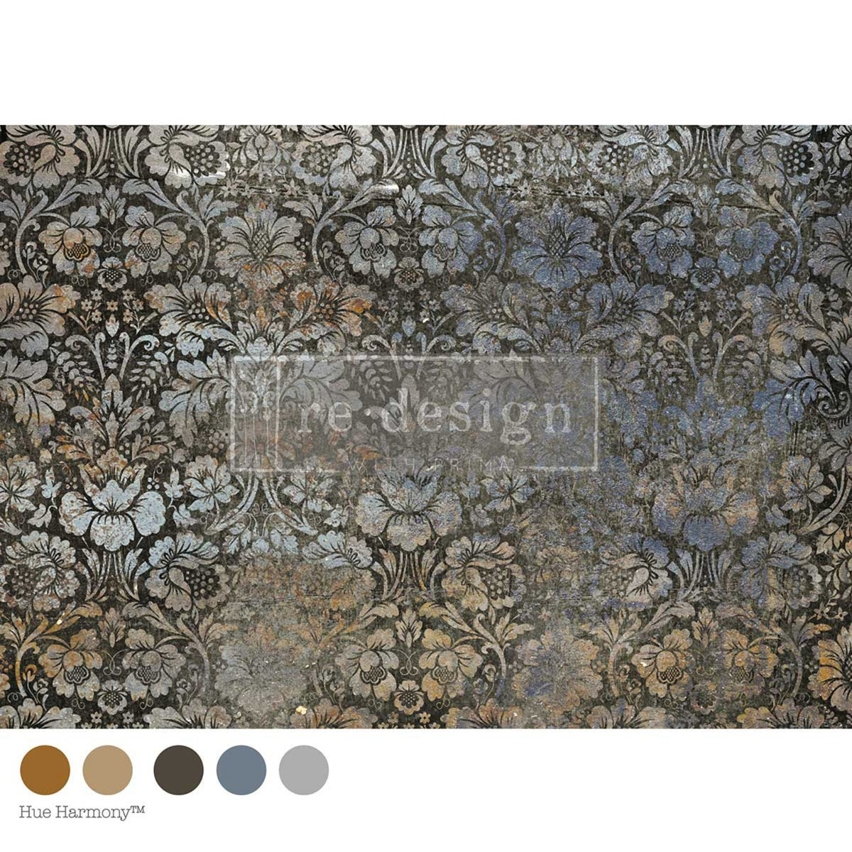 Oxidized Garden A1 decoupage fiber paper by ReDesign With Prima featuring distressed vintage floral patterns in charcoal, slate blue, and antique bronze.