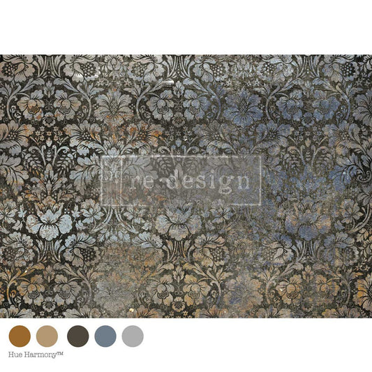 Oxidized Garden A1 decoupage fiber paper by ReDesign With Prima featuring distressed vintage floral patterns in charcoal, slate blue, and antique bronze.