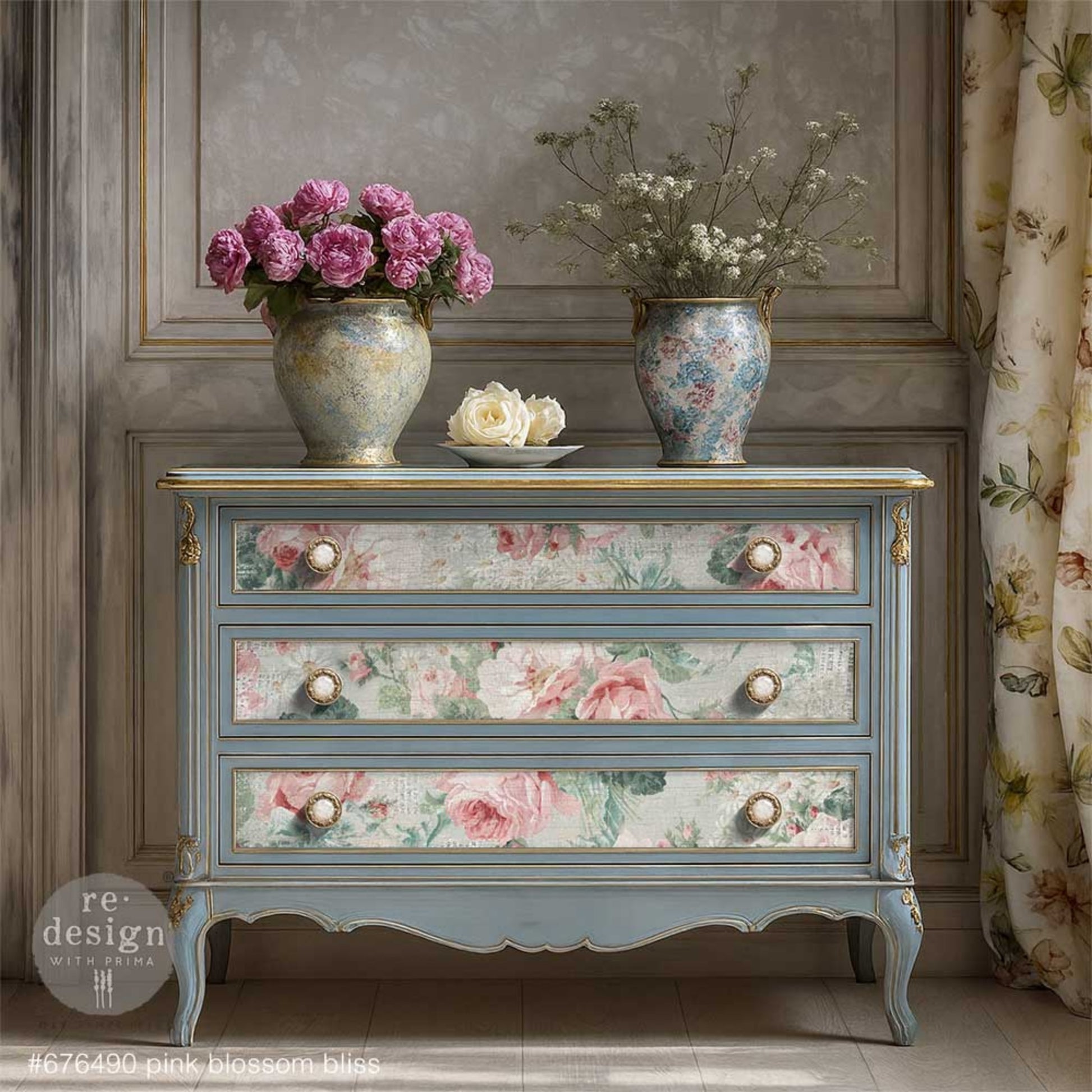 Pink Blossom Bliss floral decoupage fiber paper featuring pale pink roses, soft white flowers, dusty green leaves, and a distressed vintage background shown on a dresser. 