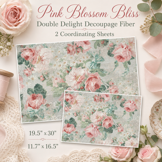 Double Delight Pink Blossom Bliss Decoupage Fiber Paper Set with soft pink roses, white blossoms, muted sage leaves, vintage texture, and two coordinating sheet sizes.