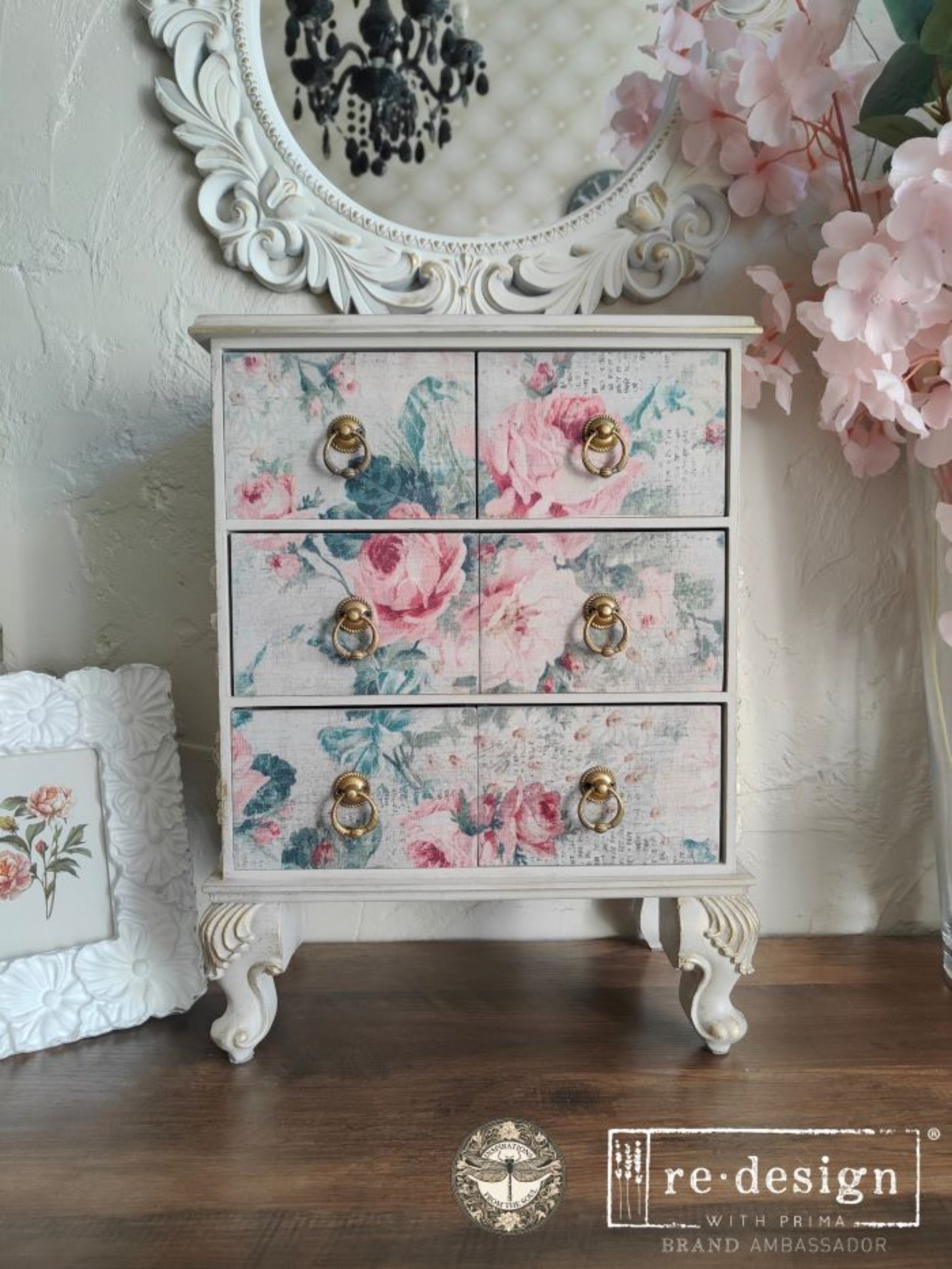 Styled product photo of Pink Blossom Bliss decoupage fiber paper with soft roses, lace, ribbon, greenery, and romantic cottage-inspired details.