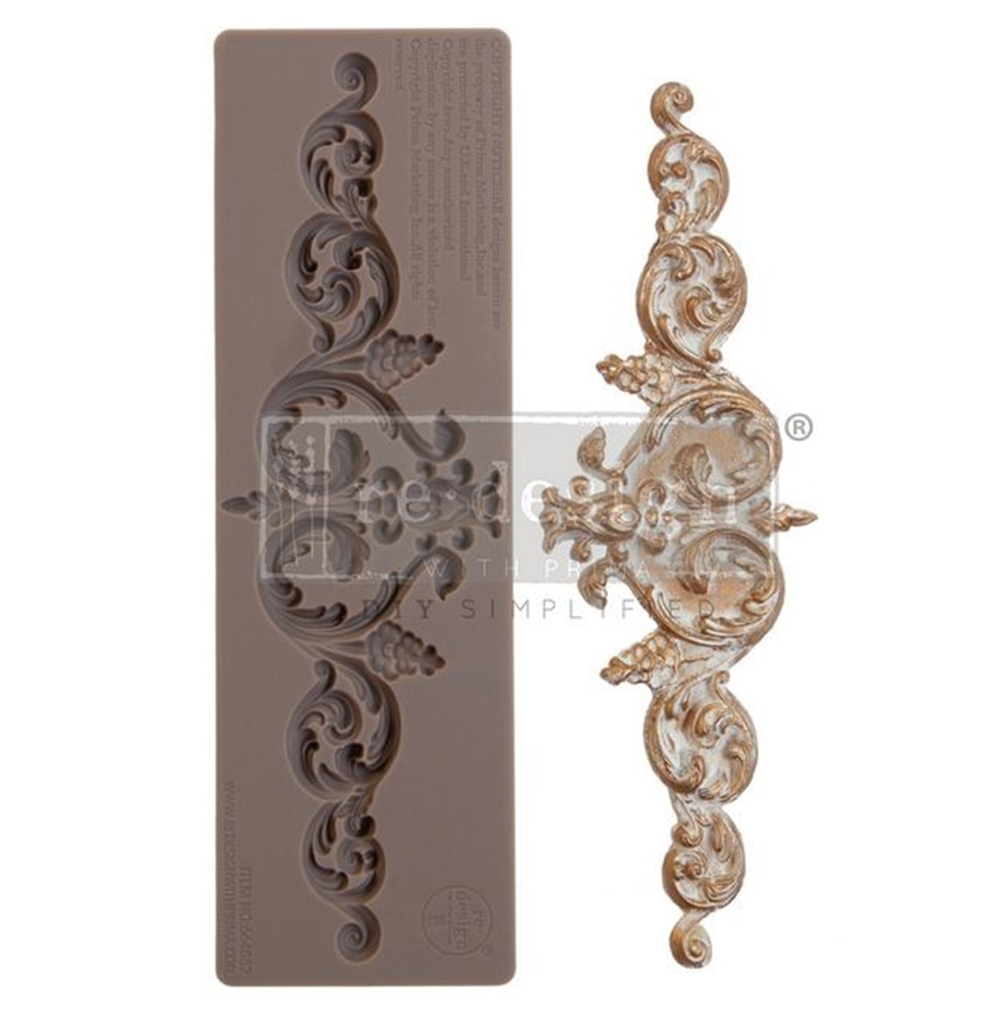 Ornate Remi scroll embellishment sample showing raised baroque details, curved flourishes, and distressed gold finish for décor projects.