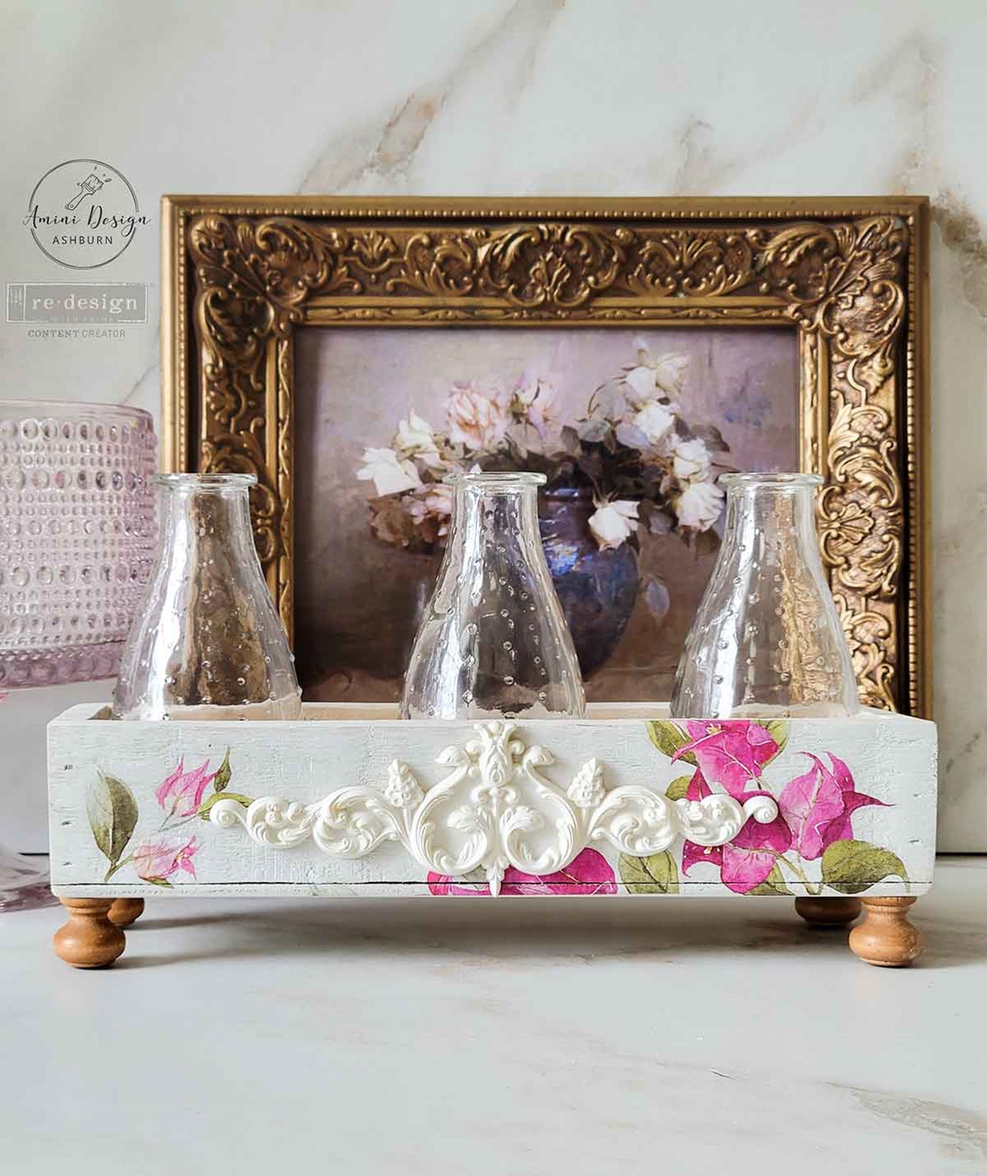 Remi Decor Mould product graphic featuring a 2.5" x 8" silicone mould, ornate scroll casting, floral accents, and French country styling.