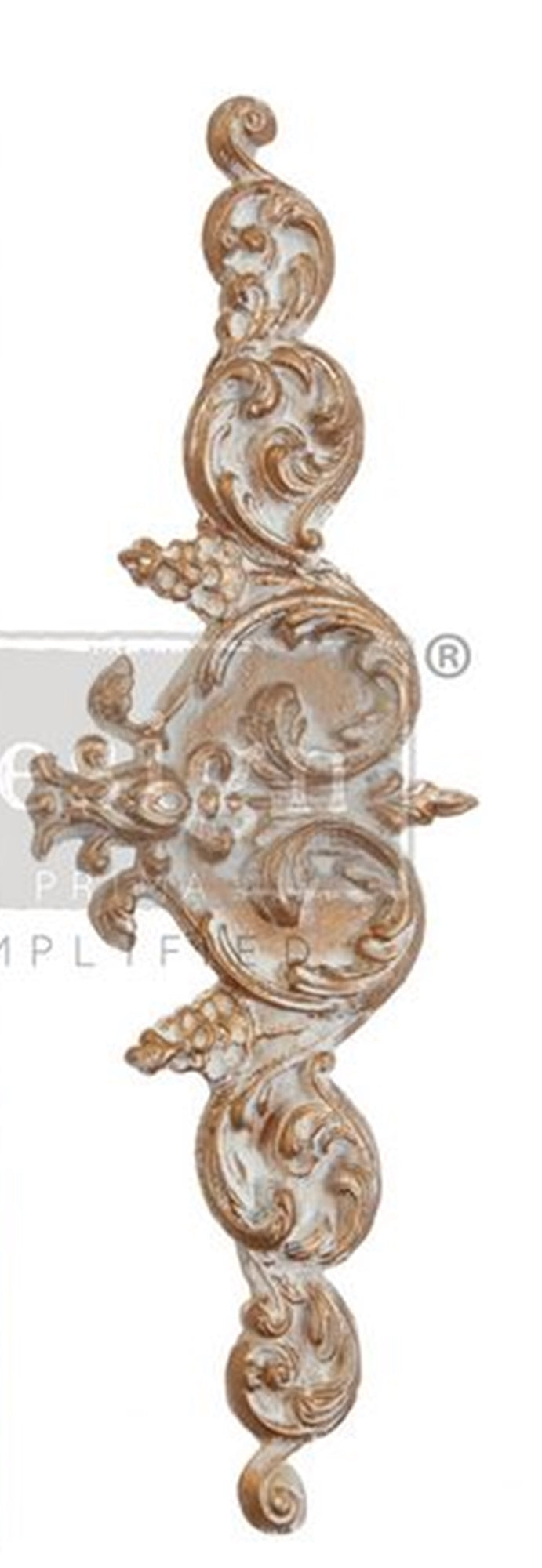 Remi Decor Mould finished casting with ornate scroll details, painted in soft ivory with antique gold highlights for vintage-style furniture accents.