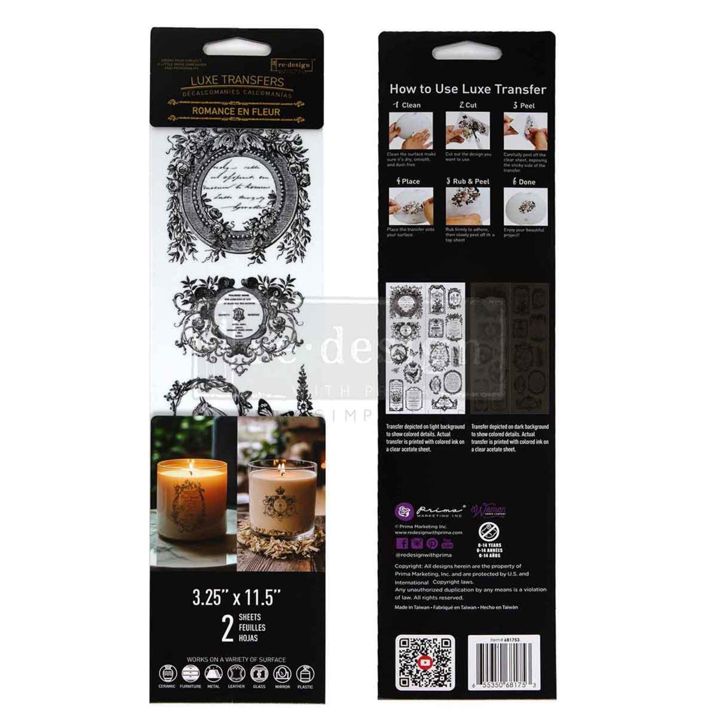 Luxe Transfers Romance En Fleur 3.25x11.5 elegant framed motif decorative decals