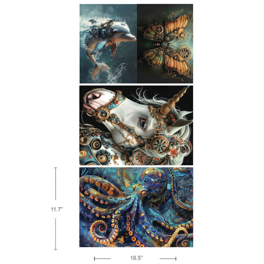 Royal Blues A3 decoupage fiber paper pack showing steampunk dolphin, butterfly, unicorn, and octopus fantasy artwork for furniture decor projects