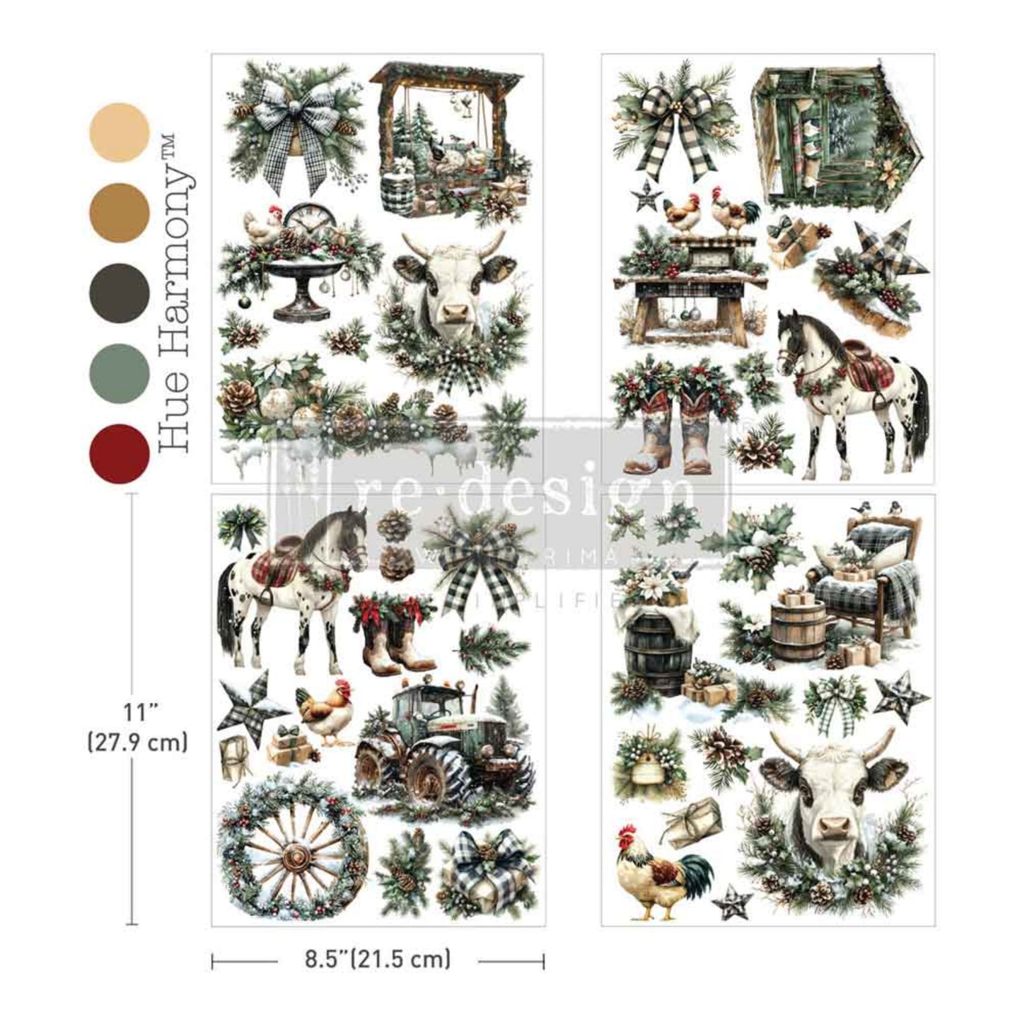 Rub-on furniture transfer with classic farmhouse Christmas designs and winter greenery.