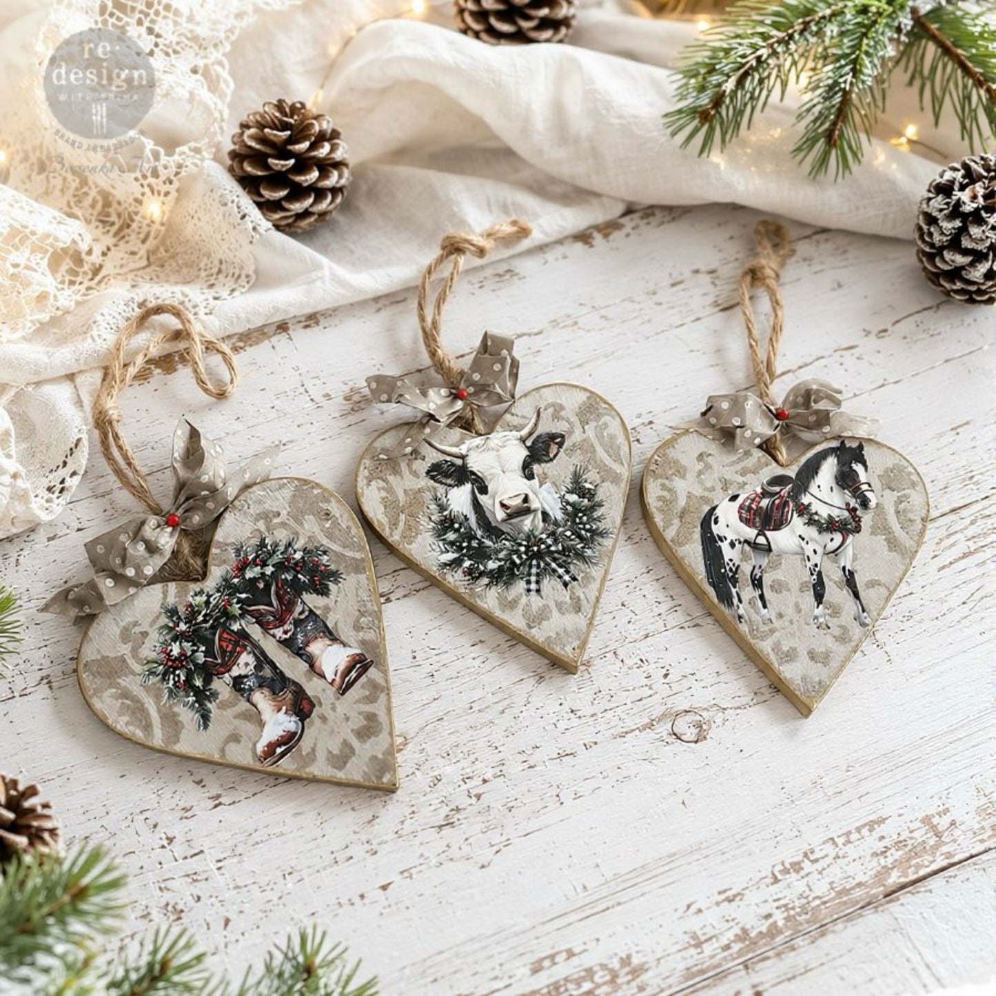 Rustic Noel furniture transfer with vintage cows, horse, rooster, tractor, and Christmas wreaths.