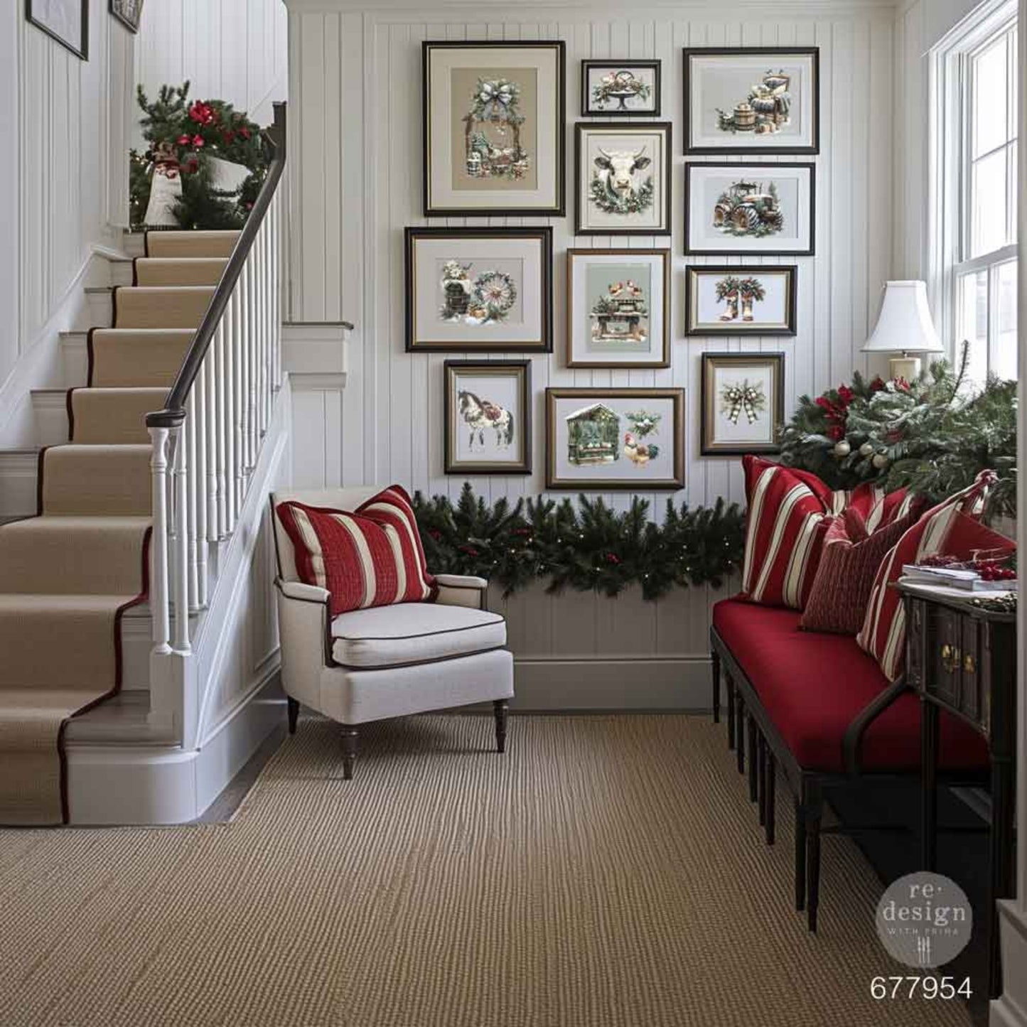 Christmas décor transfer featuring vintage farm animals and festive botanical accents.