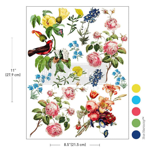 Rustic Romance H2O transfer sheet with floral and bird artwork