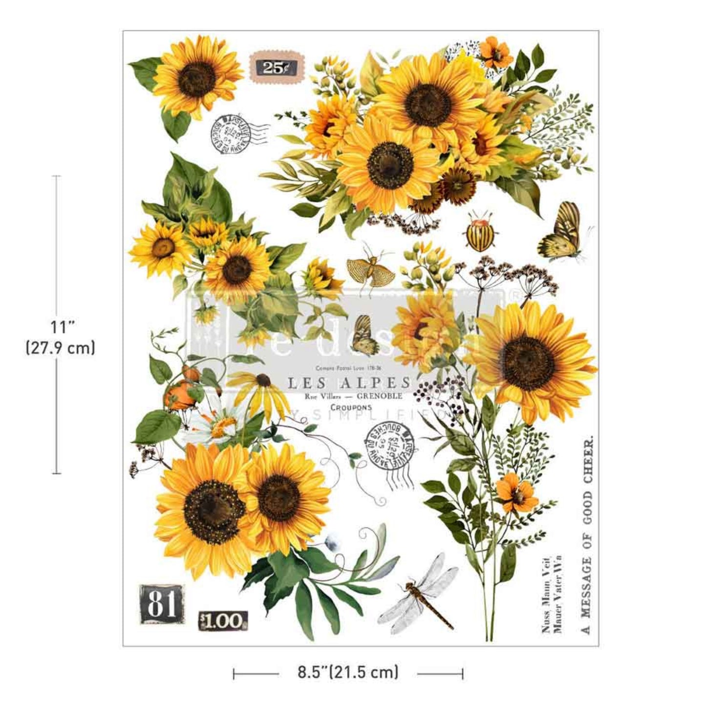 Cream cabinet decorated with Rustic Amber Petals sunflower H2O Transfers, styled with potted plants and warm rustic décor.