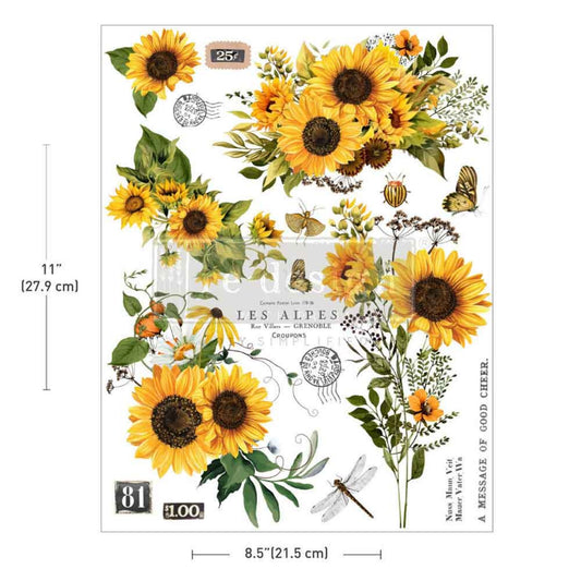 Cream cabinet decorated with Rustic Amber Petals sunflower H2O Transfers, styled with potted plants and warm rustic décor.