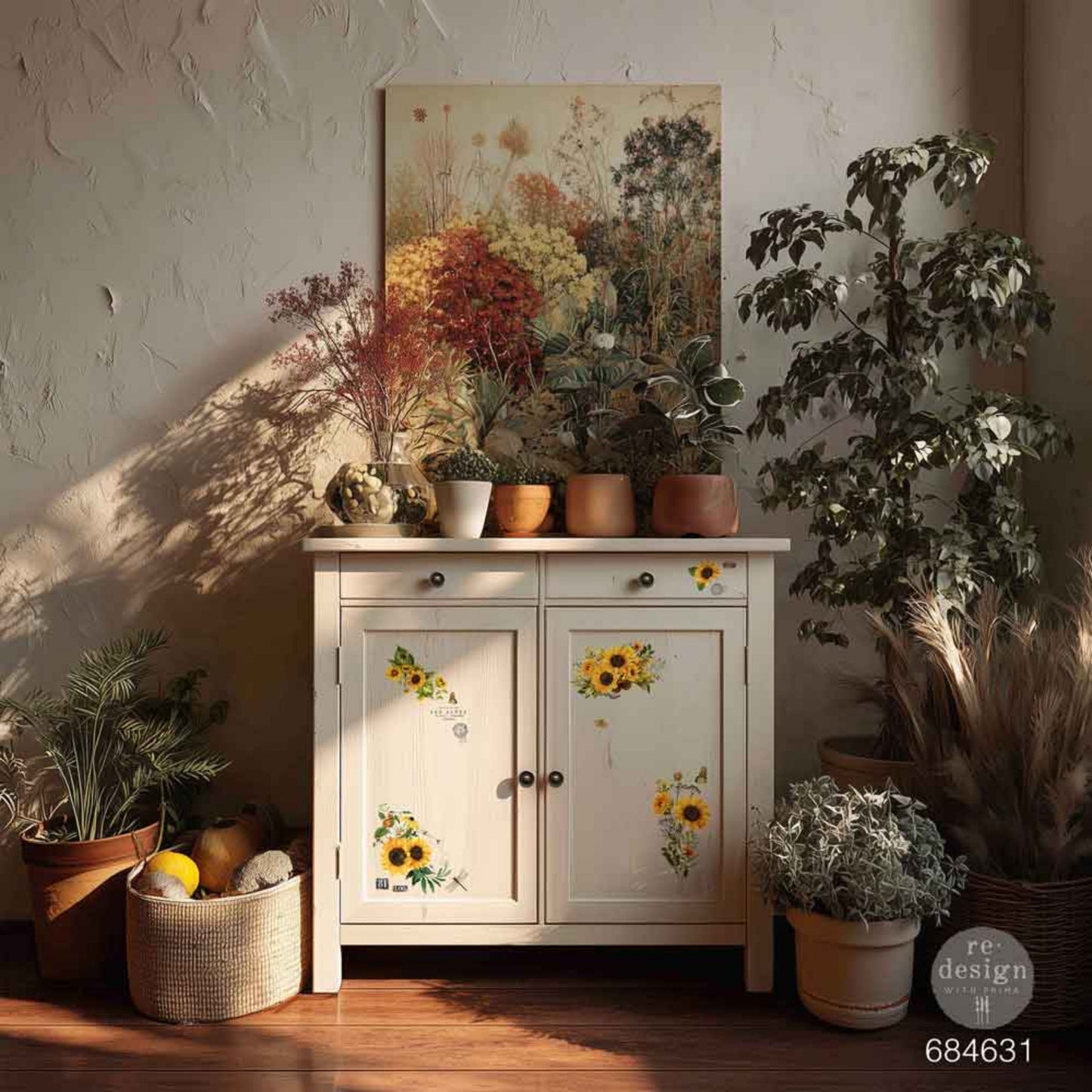 Three vintage wooden frames displaying Rustic Amber Petals sunflower and botanical transfer designs above an autumn-inspired table display.