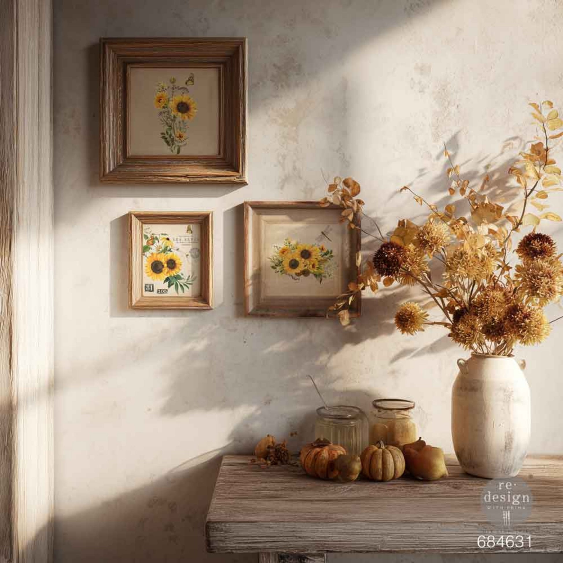Rustic Amber Petals H2O Transfer sheet featuring yellow sunflowers, greenery, butterflies, a dragonfly, and vintage French ephemera on one 8.5 by 11 inch sheet.