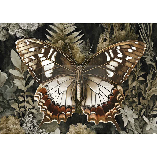 A3 decoupage fiber paper Rustling Wings featuring detailed butterfly and botanical foliage design for furniture decor and DIY projects