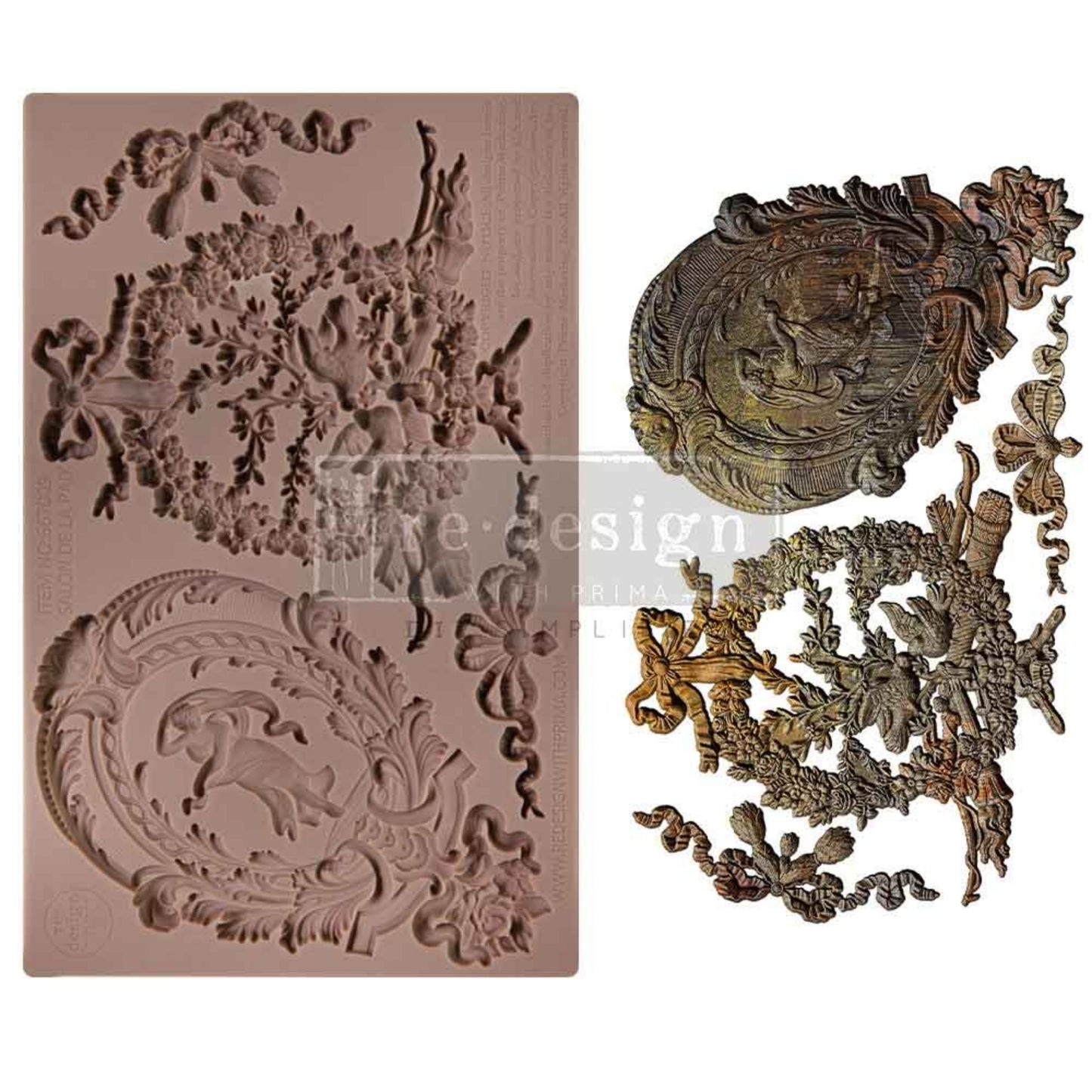 Salon De La Paix decor mould showing multiple classical applique elements including bows scrolls and decorative frames for furniture crafts