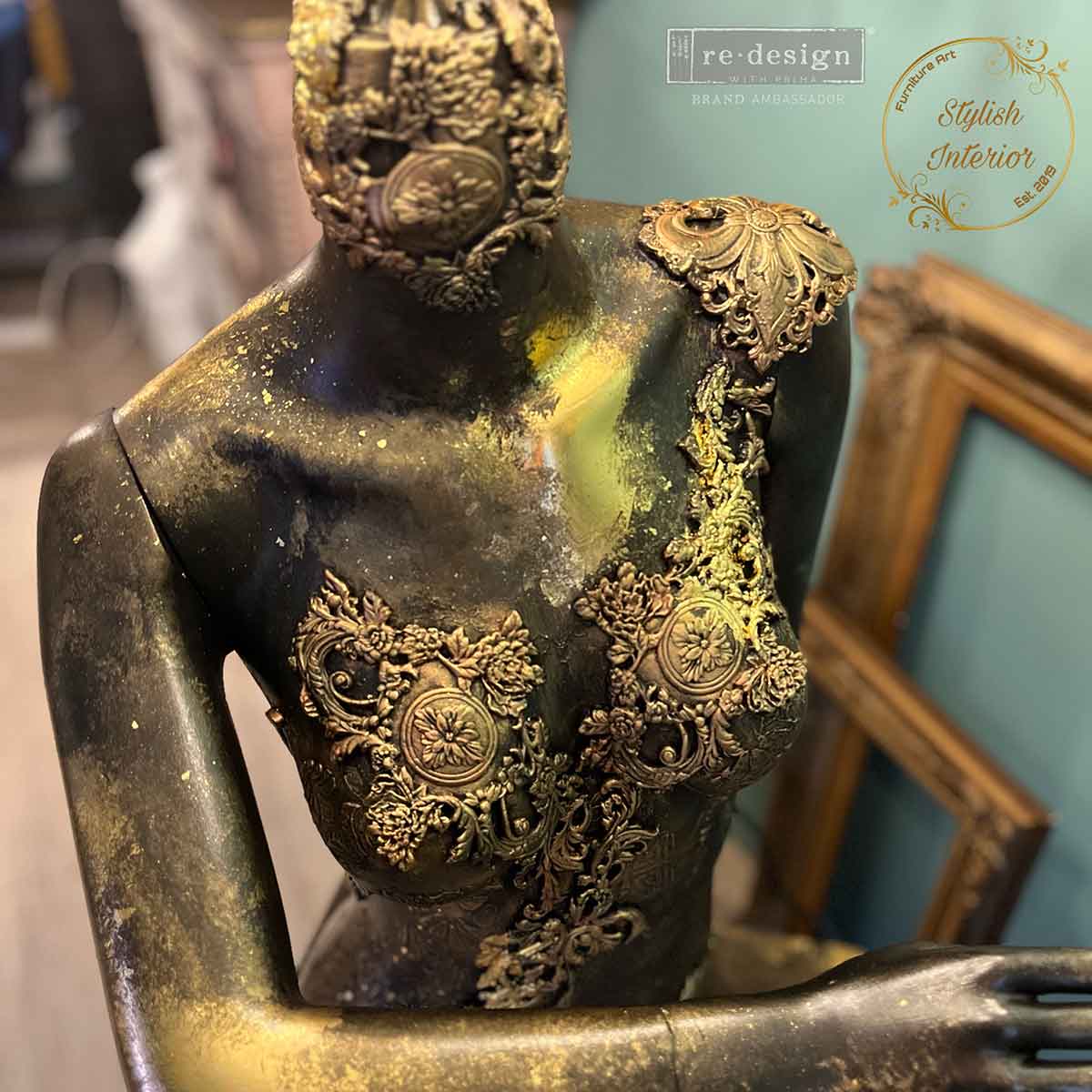Salon De La Belle Epoque Decor Mould castings applied to a black mannequin bust with ornate gold floral and scroll details for dramatic mixed media décor.