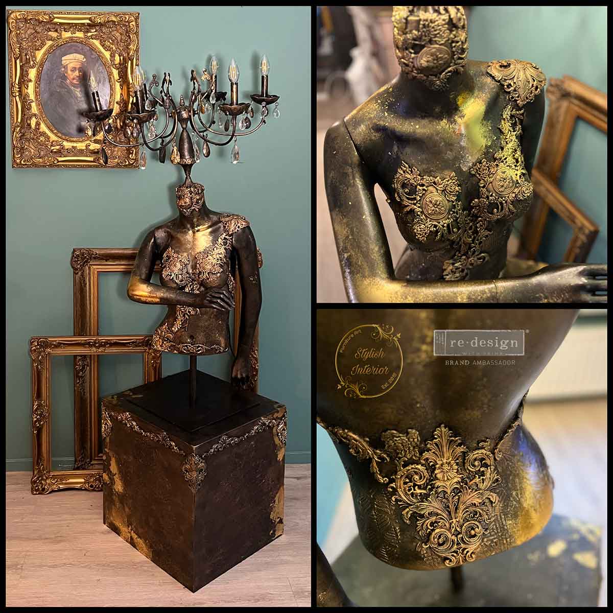 Mixed media inspiration using Salon De La Belle Epoque Decor Mould castings on a decorative bust, pedestal base, and ornate vintage display.