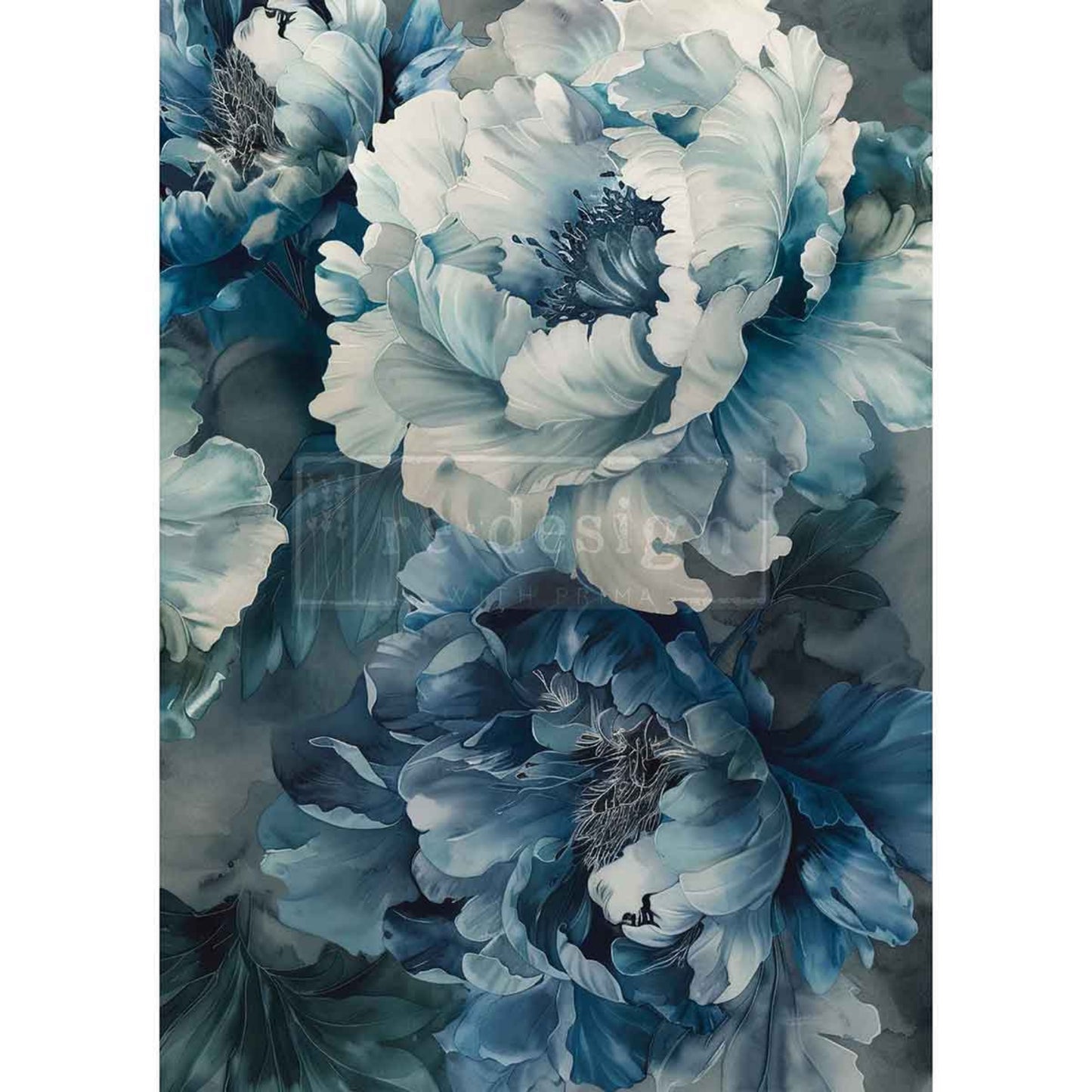 A3 decoupage fiber paper Sapphire Peony featuring large blue peony flowers and botanical floral artwork for furniture decor and DIY projects