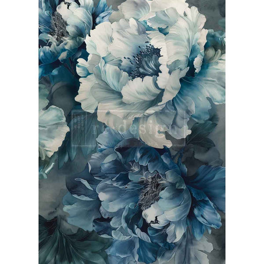 A3 decoupage fiber paper Sapphire Peony featuring large blue peony flowers and botanical floral artwork for furniture decor and DIY projects