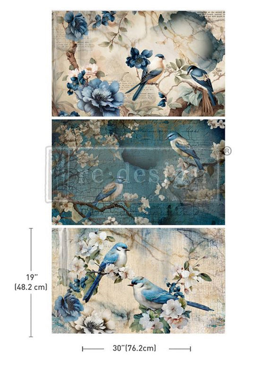 Sapphire Wings Décor Transfer – Elegant Blue Birds & Blossoms Fiber Paper 3 Pack - Redesign Decor Tissue Paper for Decoupaging ~ Decoupage Paper for Furniture