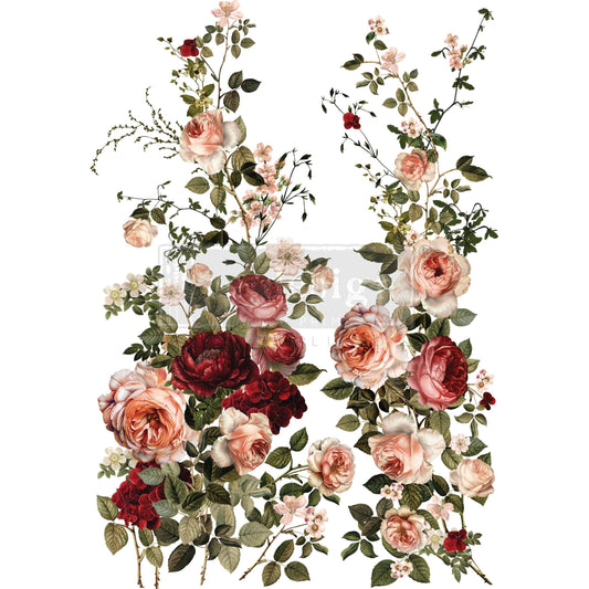 Scarlet Embrace Decor Transfer with blush roses, scarlet flowers, and green botanical stems