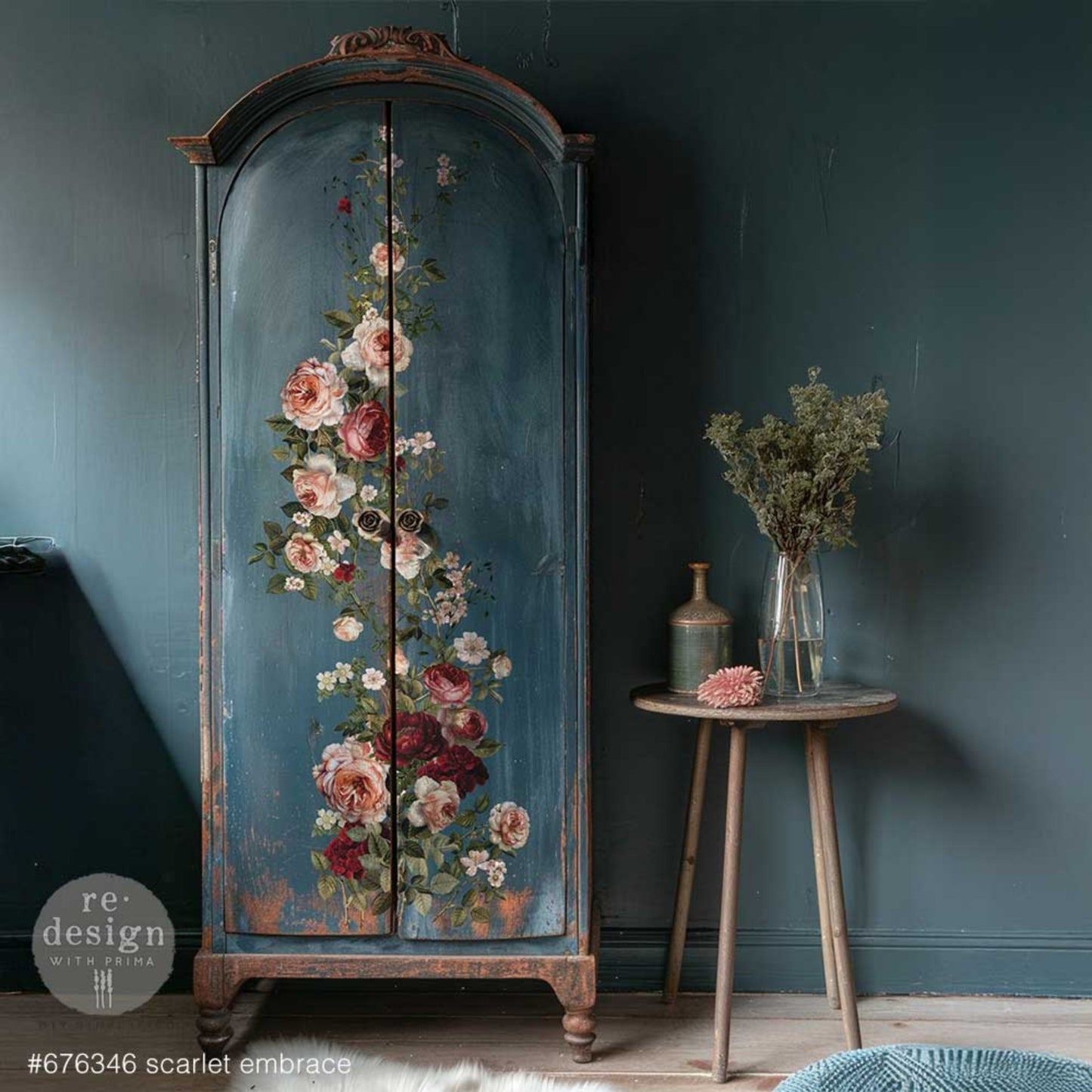 Scarlet Embrace floral transfer shown on dark blue armoire with blush roses and scarlet blooms