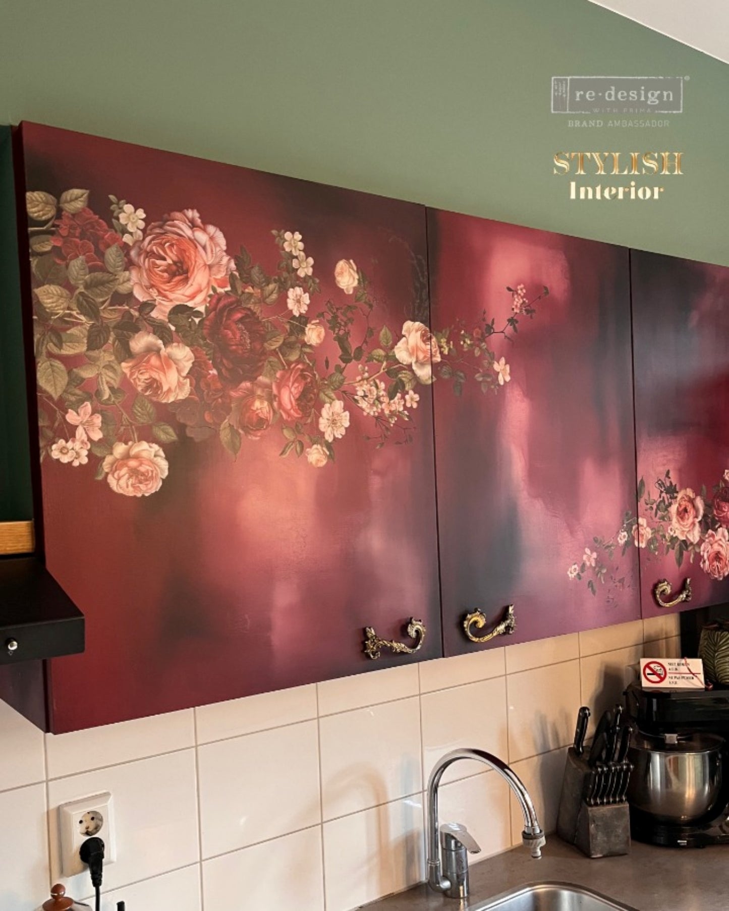 Scarlet Embrace floral transfer shown on hanging red cabinet with blush roses and scarlet blooms