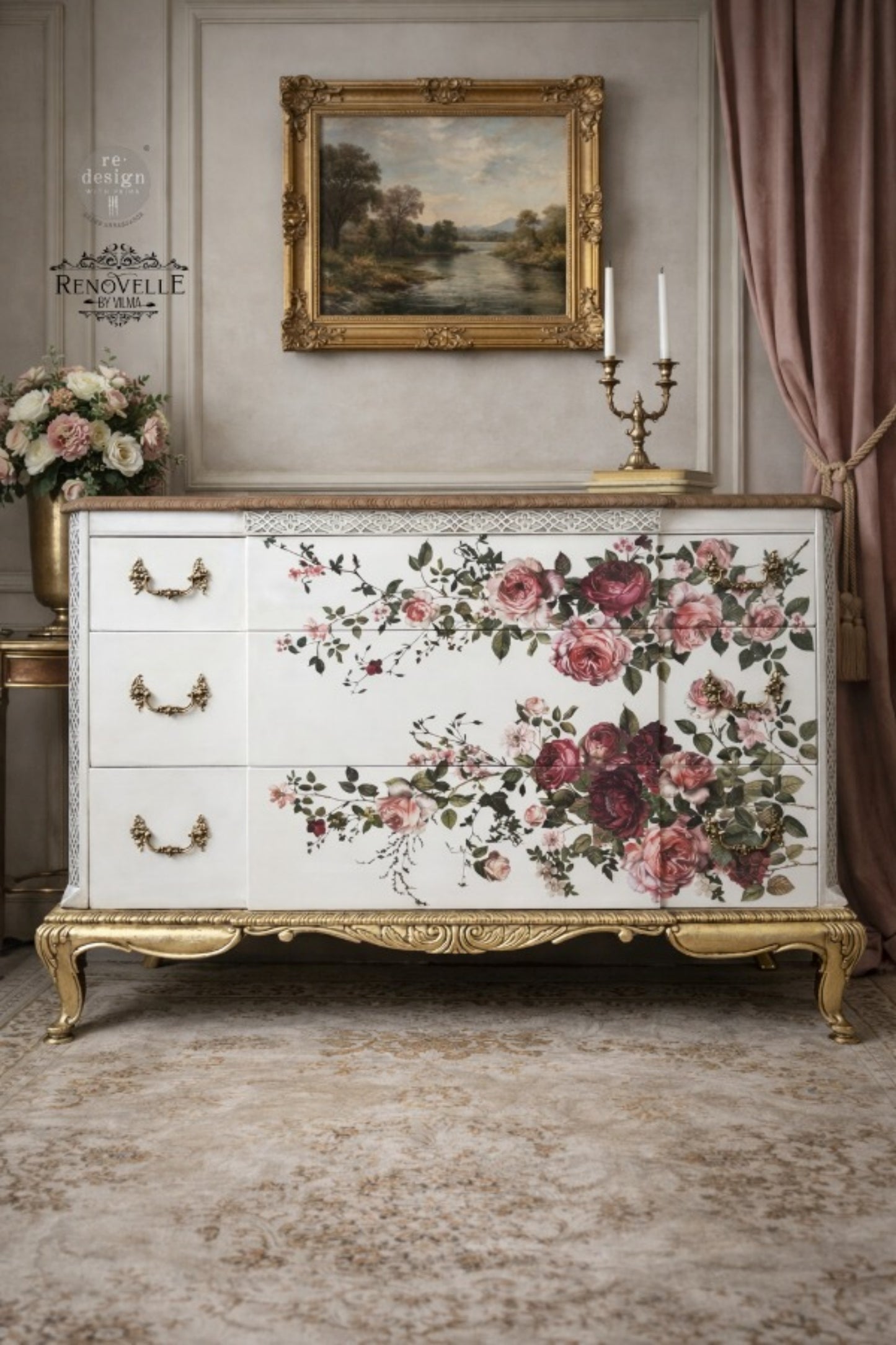 Scarlet Embrace Decor Transfer on white furniture with soft pink roses, red flowers, and greenery