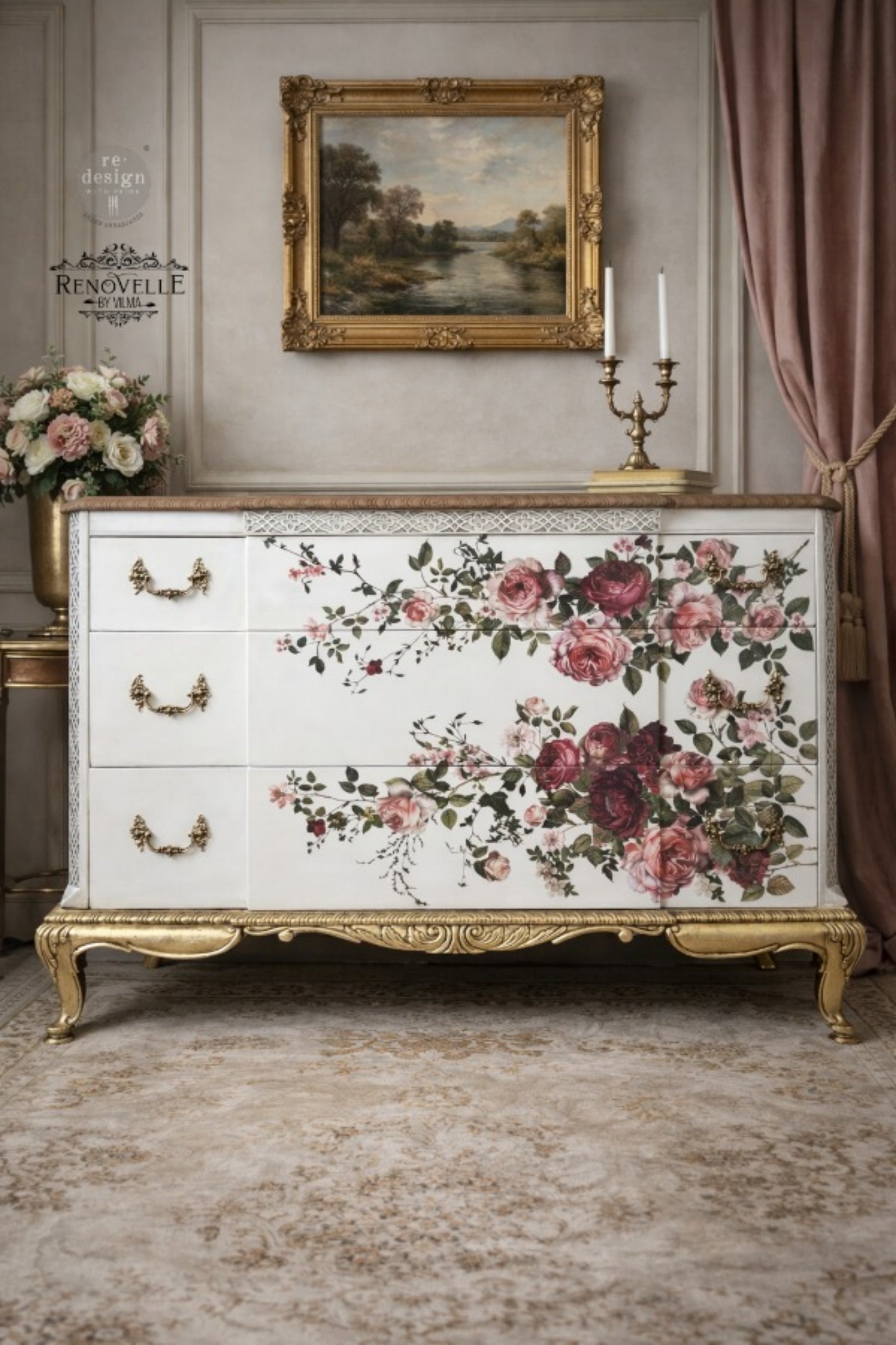 Scarlet Embrace Decor Transfer on white furniture with soft pink roses, red flowers, and greenery