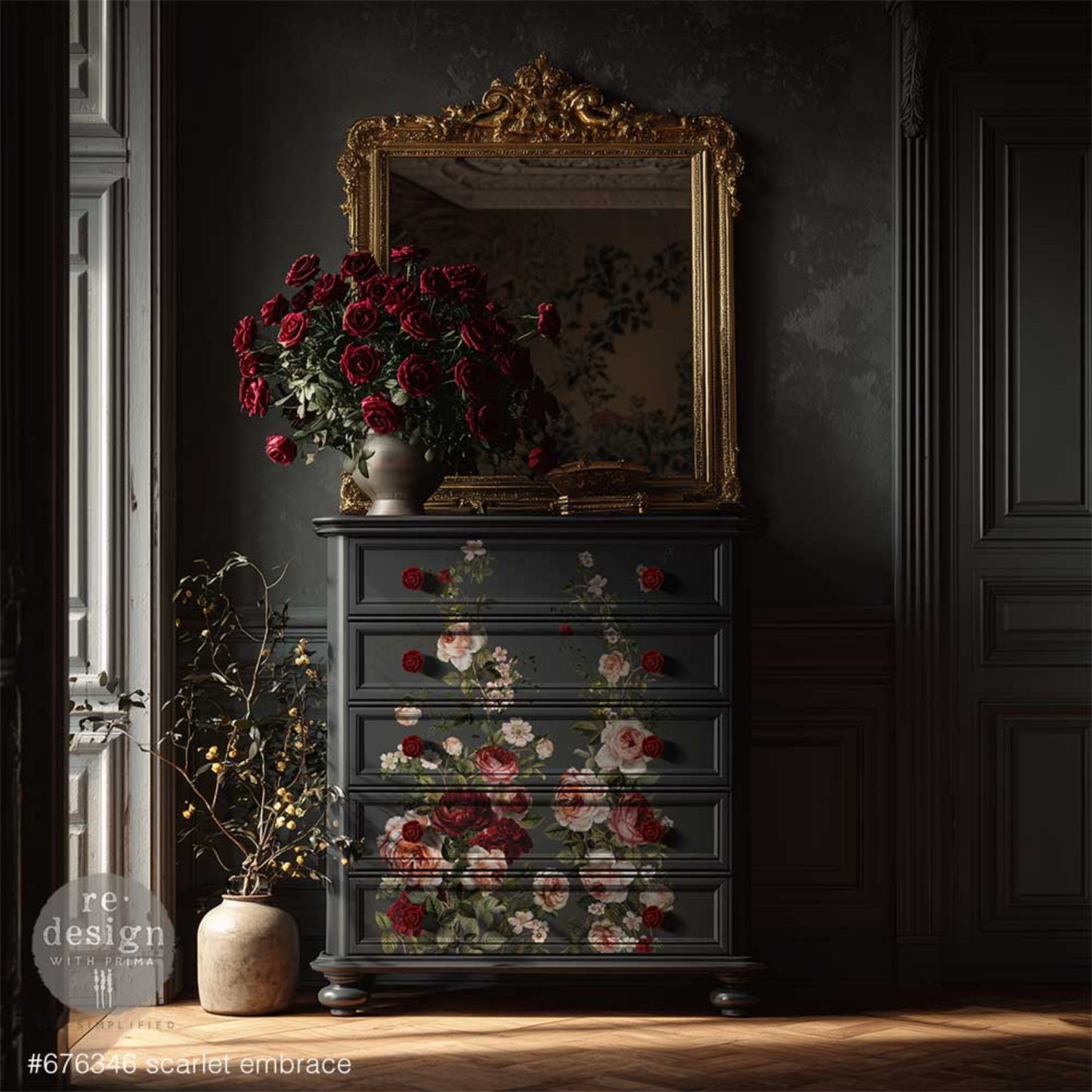 Scarlet Embrace floral transfer shown on dark grey dresser with blush roses and scarlet blooms