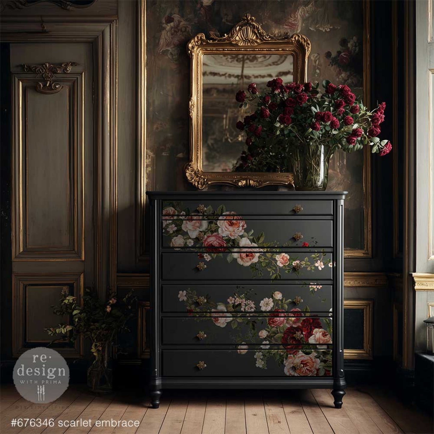Redesign with Prima Scarlet Embrace Decor Transfer applied to a dark grey painted dresser