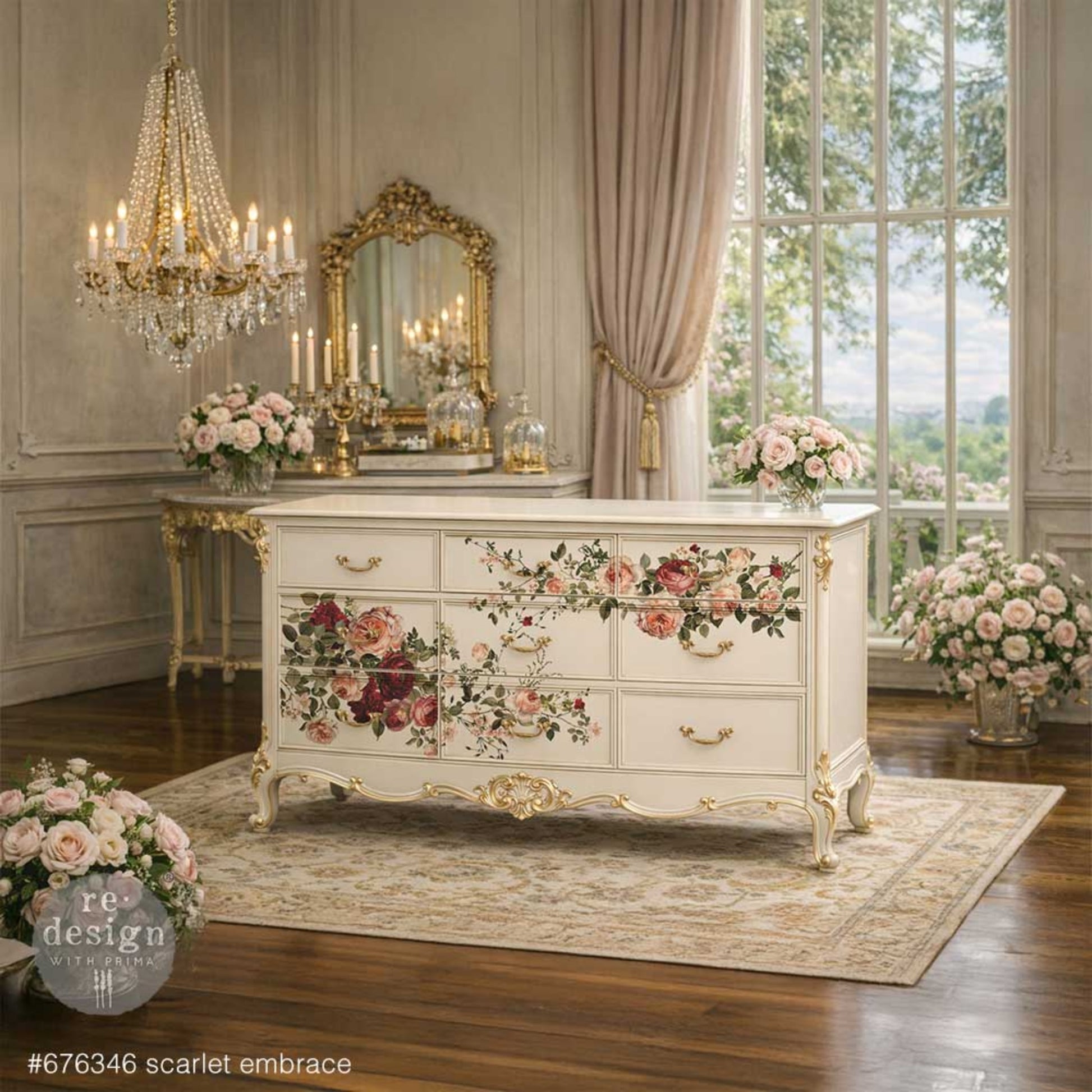 Scarlet Embrace floral transfer shown on white dresser with blush roses and scarlet blooms