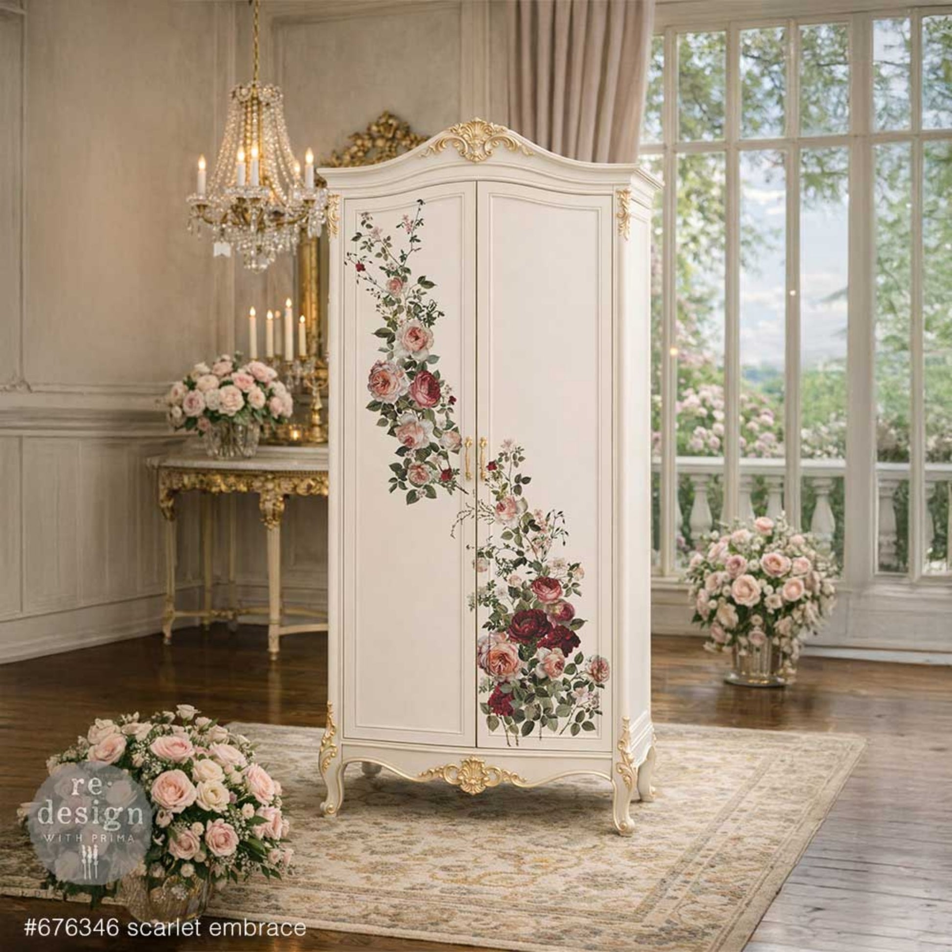 Scarlet Embrace floral transfer shown on white armoire with blush roses and scarlet blooms