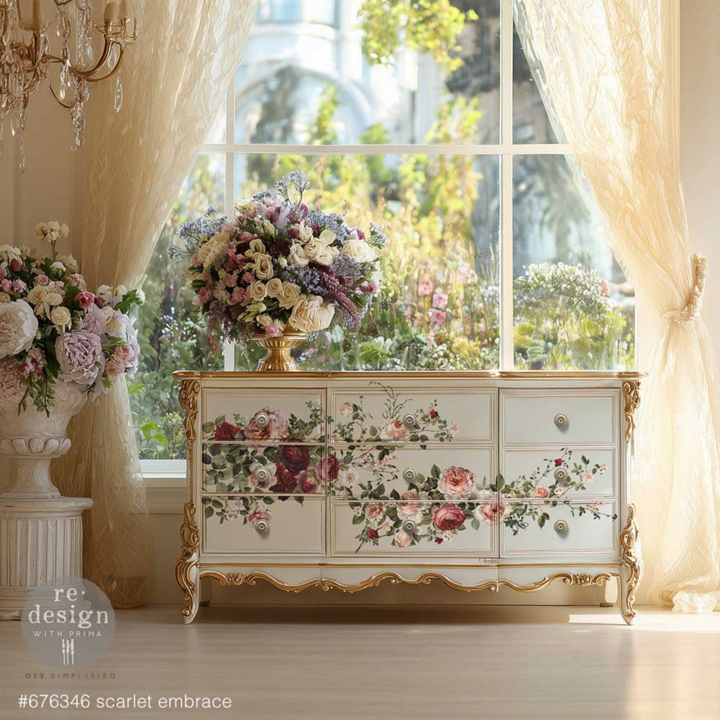 Redesign with Prima Scarlet Embrace Decor Transfer applied to a white painted dresser