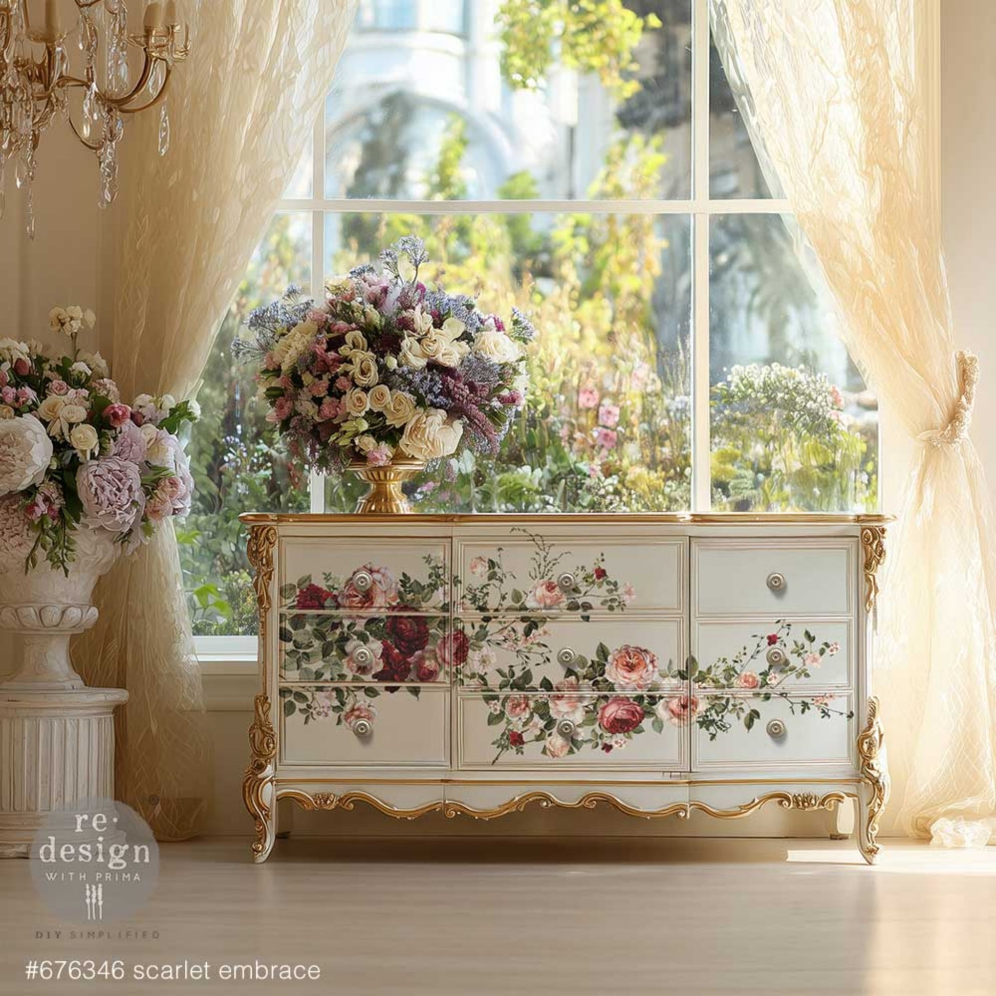 Redesign with Prima Scarlet Embrace Decor Transfer applied to a white painted dresser