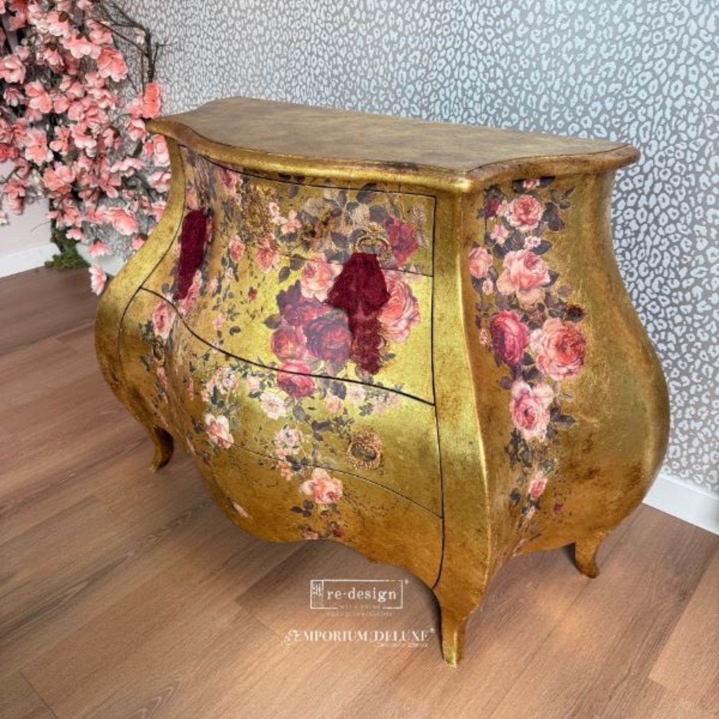 Scarlet Embrace floral transfer shown on gold painted furniture with blush roses and scarlet blooms