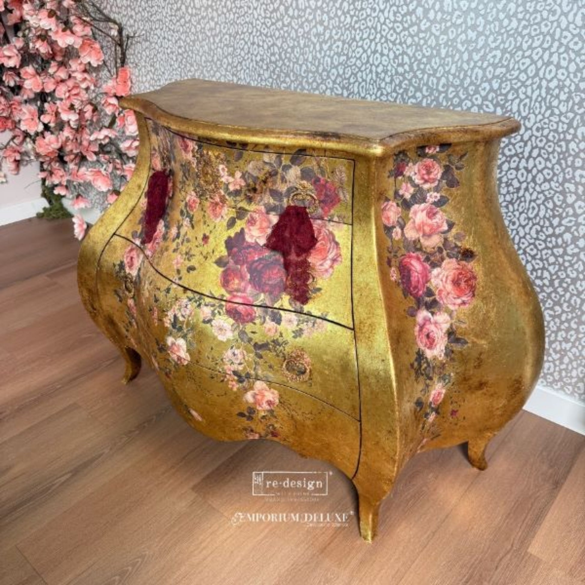Scarlet Embrace floral transfer shown on gold painted furniture with blush roses and scarlet blooms