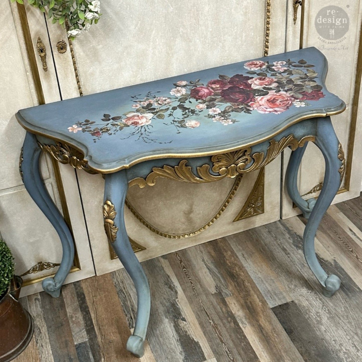 Scarlet Embrace floral transfer shown on blue entry table with blush roses and scarlet blooms