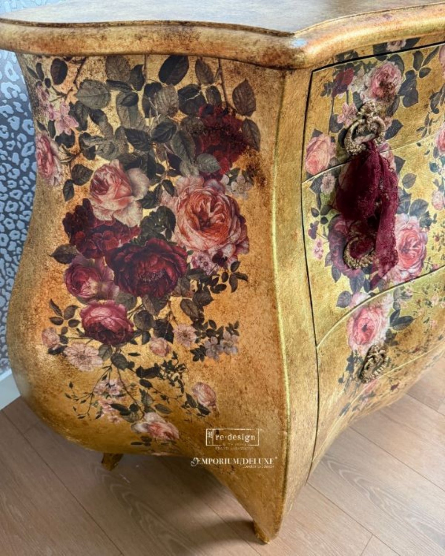 Redesign with Prima Scarlet Embrace Decor Transfer applied to elegant gold furniture