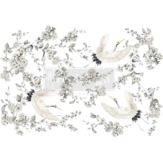 Silver Wings Decor Transfer with flying cranes, white blossoms, and soft grey botanical branches