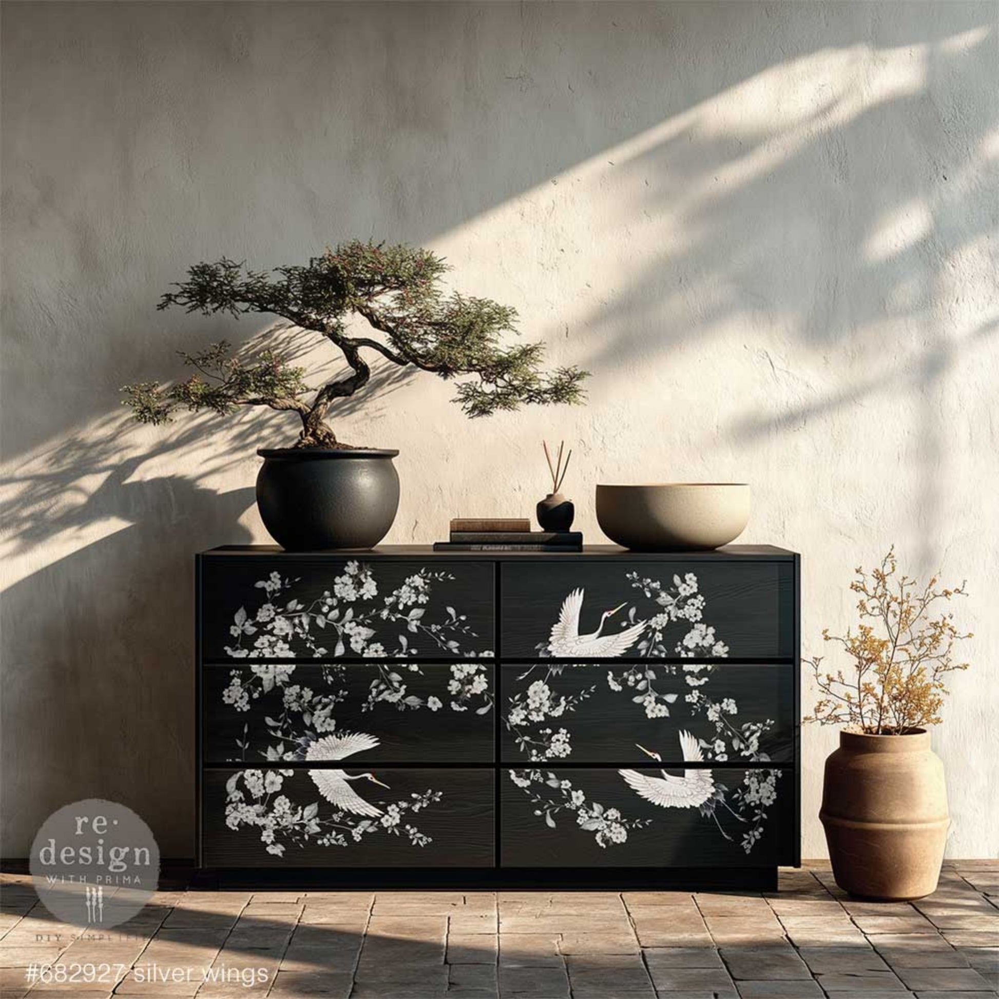 Redesign with Prima Silver Wings floral furniture transfer with elegant crane design on grey dresser